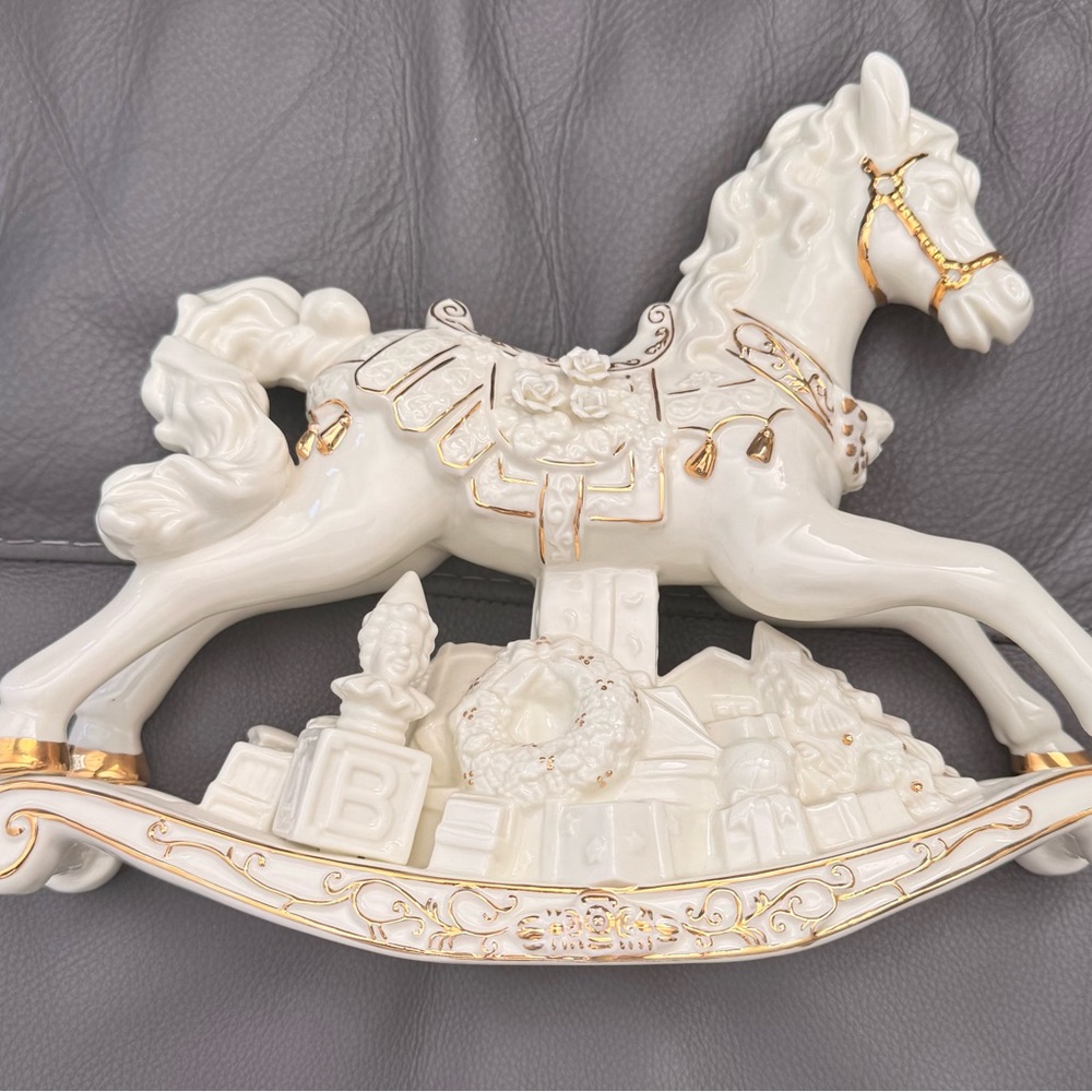 Elegant White and Gold Rocking Horse Figurine